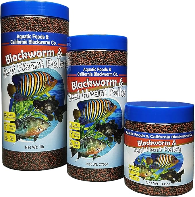 Aquatic Foods Inc. 1mm -1/32" California Blackworm & Beef Heart Floating Pellets for Marines, Cichlids, Tropical Fish, Koi & Pond Fish, 4-Type Wafer & 12-Type Pellet Mix Included 3.8oz Canister