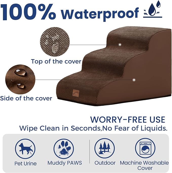 GoGoBunny Ramp Dog Stairs for Couch Sofa and Chair 15.7" H, 3-Step Pet Steps for Small Dogs and Cats, Non-Slip Waterproof Fabric Cover, Stable and Balanced Indoor Step, Pets Friendly, Brown