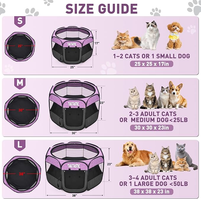 Portable Pet Playpen for Medium Dogs & Cats, Foldable Puppy Safety Pen with Removable Zipper Top, Breathable Mesh Dog Delivery Room, Indoor Isolation Cage for Pets (Purple, Medium)