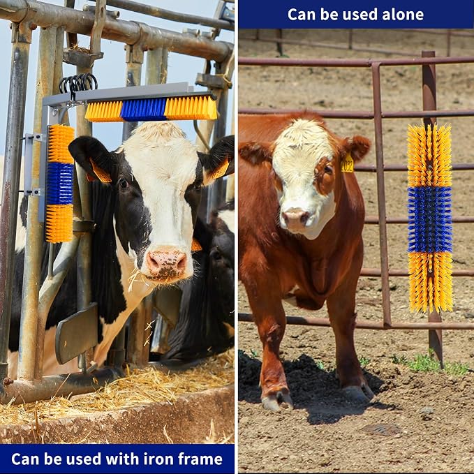 Livestock Scratch Brush With Spring Iron Holder，Animal Back Scratching Brush Including 4pcs goat brushes, 4 stands and accessories For Cow,Cattle,Sheep, Horses,Pigs，Massage Grooming Tool（Yellow）