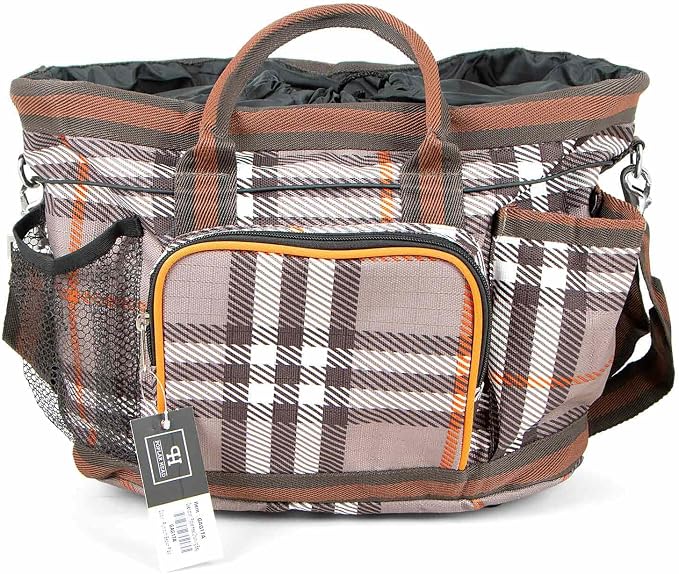 Jeffers Poplar Head Grooming Bag – Horse Grooming Organizer Tote with Pockets for Brushes, Tools, Clippers, Shampoo, Detangler – Stable Barn Kit Carrier for Horses, Pets, Plymouth Brown Plaid