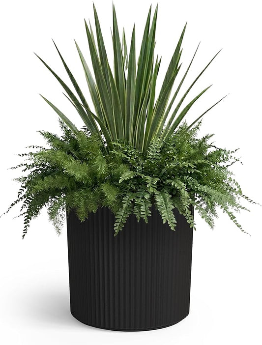 Mayne Haven 12-Inch Fluted Planter, Round Planters for Outdoor Plants, Lightweight Concrete Look Plant Pots for Porch, Patio, Garden and Entryway Décor, Black