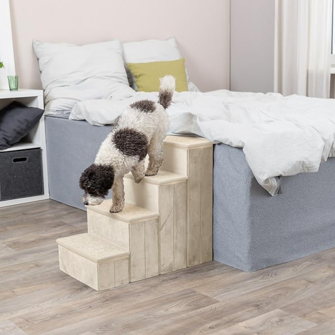 TRIXIE 4-Step Velour Pet Stairs, Beige | Collapsible, Storage Compartments for Pet Toys, Ideal for Dogs and Cats