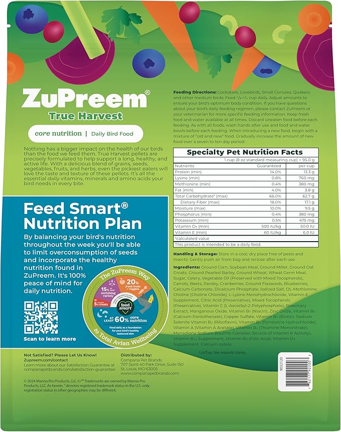 ZuPreem True Harvest Bird Pellets, Daily Bird Food for Cockatiel, Lovebird, Quaker, Small Conure, Lorikeet, Core Nutrition for Medium Birds, Added Vitamins, Cockatiel Pellets (M, 2.5 lbs)