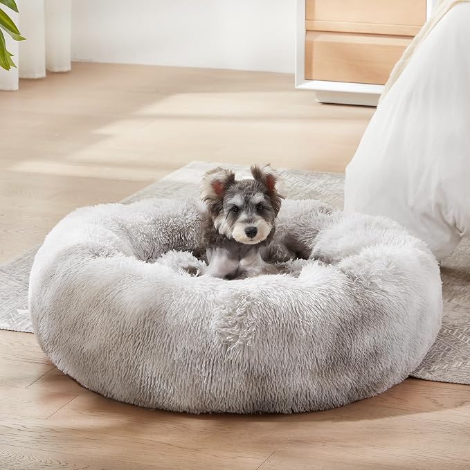 Western Home Calming Donut Small Medium Pet Dog Bed Washable,27" White Grey | Fluffy Faux Fur Round Cuddler,Anti-Anxiety,Anti-Slip Bottom,Plush Pet Dog Beds for Small Medium Sized Dogs,Up to 35 LBS