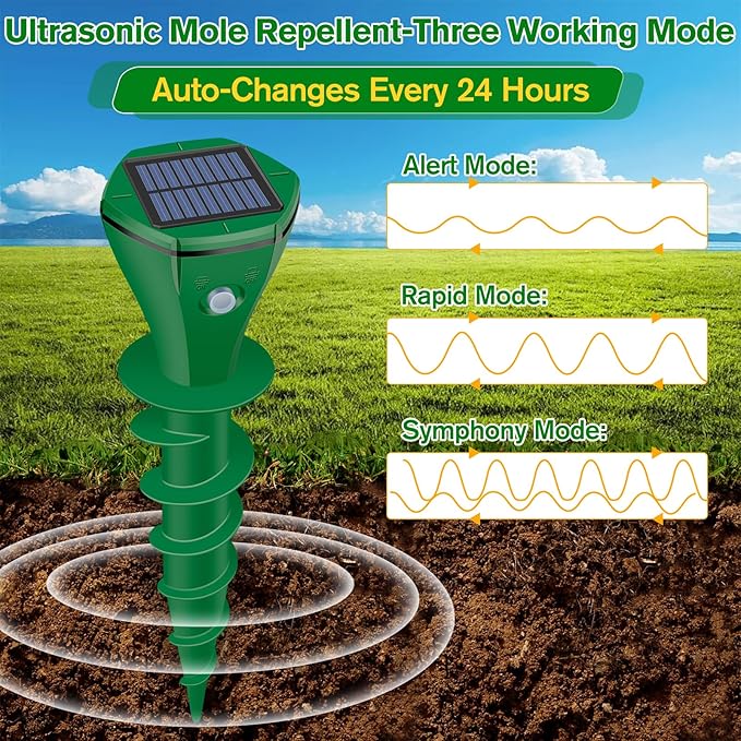 Mole Repellent Solar Powered, 2 Pack Ultrasonic Gopher Repeller IP65 Waterproof for Lawn Garden Yard, Sonic Vole Repellent Mole Killer Outdoor Get Rid of Snake Groundhog Chipmunk Squirrels-Green