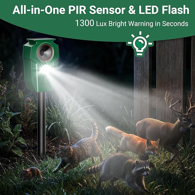 Solar Ultrasonic Animal Repellent with Motion Sensor & LED Lights – Waterproof Outdoor Deer Repellent Device for Yard, Garden & Lawn – Effective Against Cats, Coyotes, Raccoons & Dogs