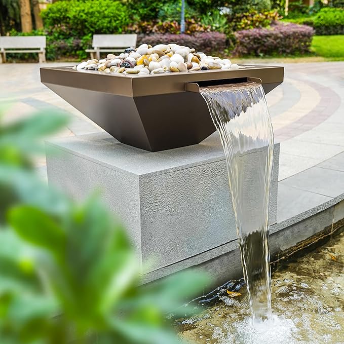PONDO 24" Square Garden Water Bowl, Stainless Steel Spilling Water Feature for Outdoor Ponds, and Other Landscaped Areas (Antique Brown Coated)
