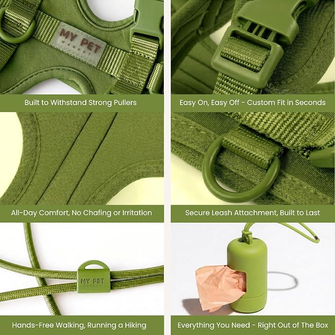 No Pull Dog Harness and Leash Set 3-in-1 Adjustable Anti Pull Dog Harness with Hands-Free Matching Leash,Poop Bag Holder,Easy Walk Dog Harness Extra Small Sized Dog(Olive Green)
