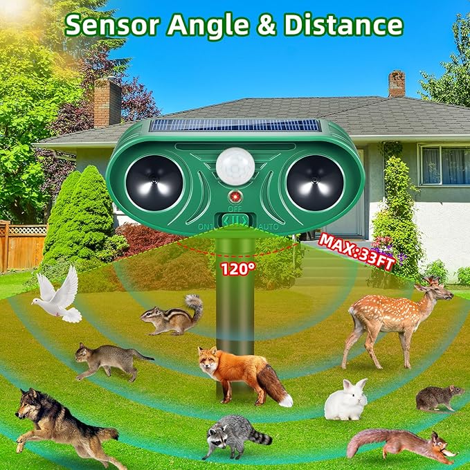 2026 Upgraded Solar Animal Repellent Ultrasonic Outdoor, 2 Pack IP65 Waterproof Deer Repellent & Cat Deterrent with Motion Sensor, Effective Racoon Rabbit Skunk Squirrel Repeller for Yard Garden