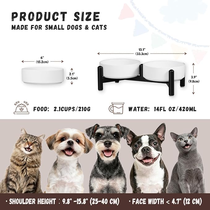 Raised Ceramic Dog Bowl Set with Stand, 2.1 Cups Elevated Dog Food Stand | 6'' Double Dog Food and Water Bowl Set, Non-Slip Dog Feeding Dishes for Small Breeds and Cats, 14 OZ, White