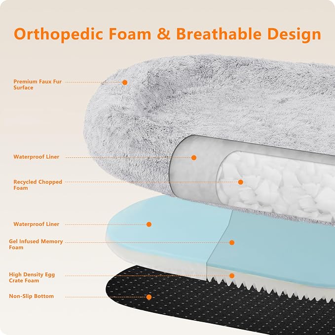 Human Dog Bed for Adult, Orthopedic Gel Memory Foam, 71"x47"x9" | Human Dog Bed Fits Adult & Pets, Reversible Egg-Crate Foam Cushion, Washable Pet Bed with Blanket, Ombre Grey
