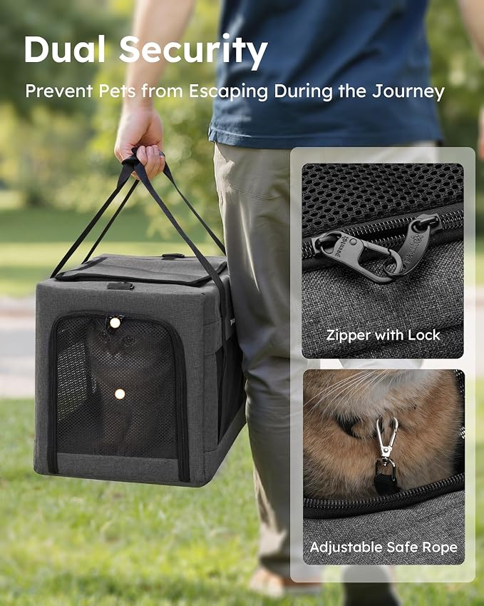 Pecute Cat Carrier, Portable Travel Dog Carrier with Stable Structure, Grey | Larger Space, 360° Ventilation & Comfort, Escape-Proof, for Travel / Car Trips / Vet Visits, Fits Cats up to 11 lbs