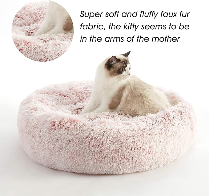 Western Home Calming Donut Small Medium Pet Dog Bed Washable,27" Pink | Fluffy Faux Fur Round Cuddler,Anti-Anxiety,Anti-Slip Bottom,Plush Pet Dog Beds for Small Medium Sized Dogs,Up to 35 LBS