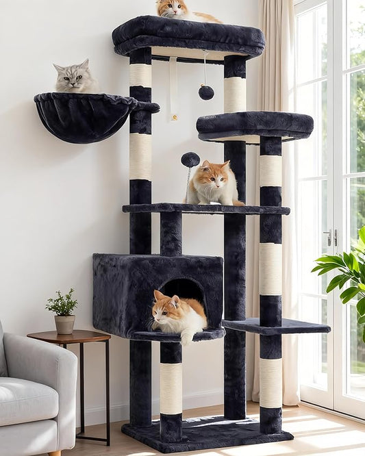 Gitelsnour Cat Tree for Indoor Cats, 55.1 inch Cat Tower with 7 Sisal Scratching Posts, Multi-level Cat Condo wit Large Play Platform Furry Ball, Cat Cave, 2 Padded Perches, Basket, Smoky Gray GCT013G