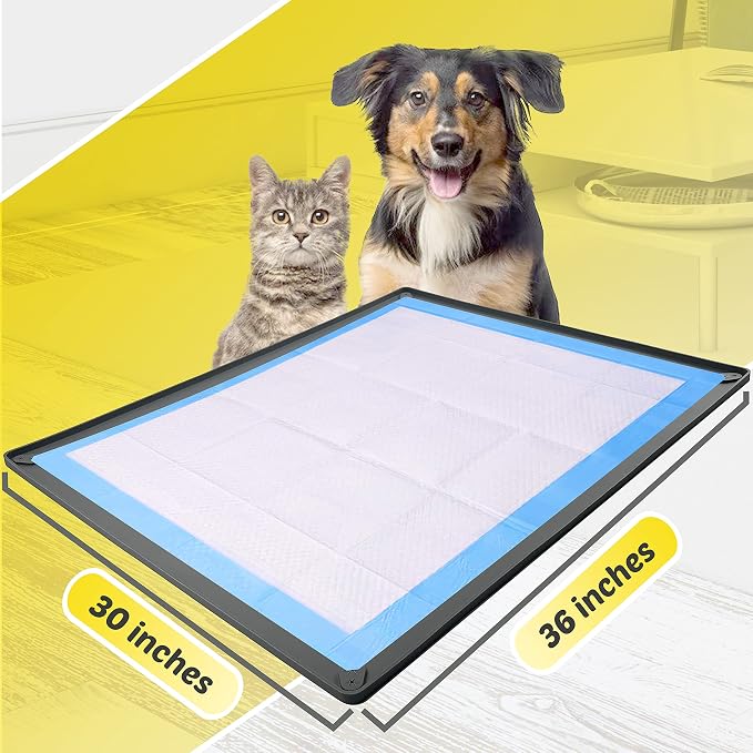 Dog Pee Pad Holder Tray Fits for 30” x 36” Pee Pads - 1 Pack - Grey | Corner Lock Holes, Raised Edges, Non-Spill, Easy to Clean Silicone Dog Potty Tray Holder, For Indoor Floor Protection