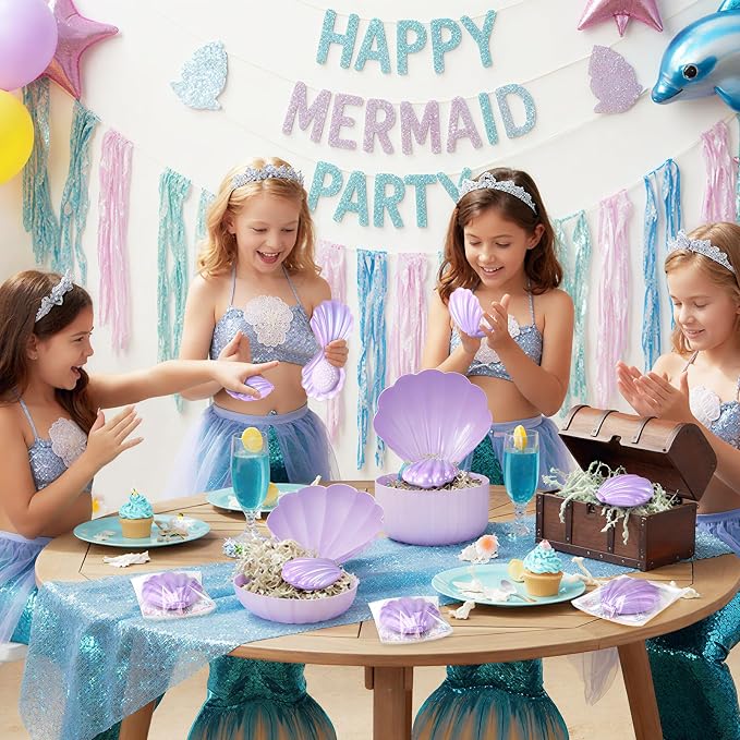 LemonRoad 24 Sets Mermaid Party Favors Shell Hair Brush with Mirror Card, Foldable Mini Travel Compact Hair Brush for Women Birthday, Bachelorette, Under The Sea, Beach Party Gifts(Purple)