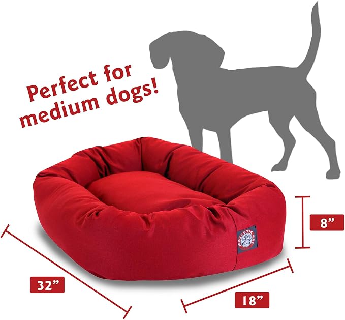 Majestic Pet Bagel Calming Dog Bed, 32 Inch Medium, Round, Washable, Red | Cozy Soft Fluffy Donut Pet Bed with Spine Support for Head Rest – Anti-Anxiety Comfort for Puppies & Dogs, 32x23x7 Inches