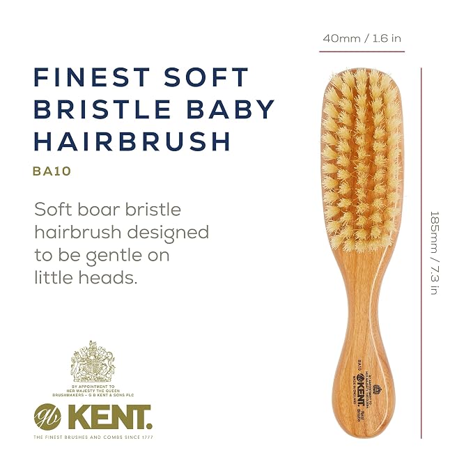 Kent BA10 Newborn Baby Hair Brush with Soft 100% Pure White Natural Bristle, Cradle Cap Hairbrush for Infant, Toddler and Kids with Cherrywood Base. Encourages Growth and Shine, Made in England