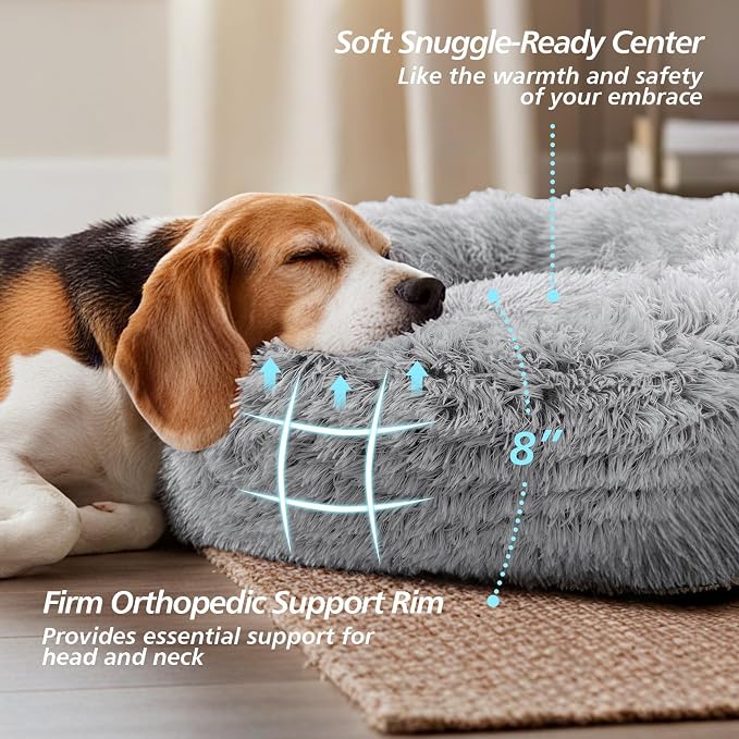 JOLLYVOGUE Calming Dog Beds Large Sized Dog, 36in Donut Washable Large Pet Bed, Anti-Slip & Anti-Anxiety Fluffy Faux Fur Round Dogs Bed, Fits up to 80 lbs Pets (Smoke Grey)
