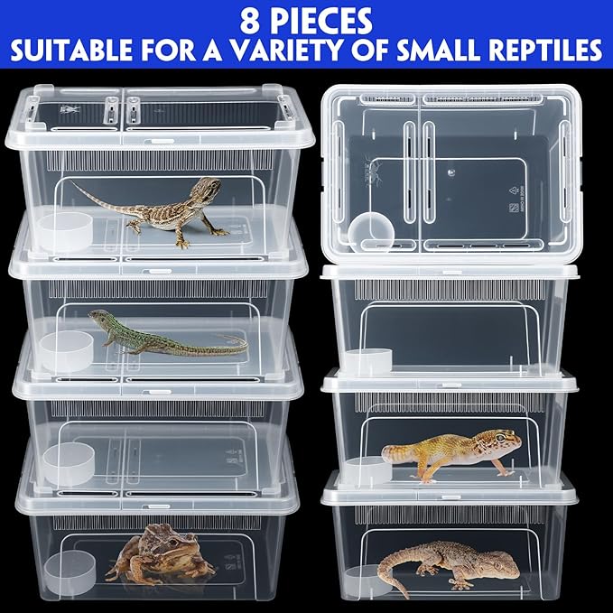 Irenare 8 Pcs Reptile Breeding Box Plastic Spider Terrarium Tarantula Feeding Box for Bearded Dragon Lizard Spider Gecko Scorpion(Vent Strips,Clear,10.6 x 7.4 x 4.7 Inch)