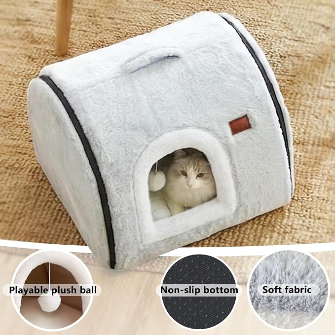 cat Bed cave-cat beds for Indoor Cats,Soft and Comfortable,Cute cat House,with Removable Washable Cushioned Pillow,Enclosed cat Bed,Kitty pet hut、Hideaway,Small Dog Tent,Grey