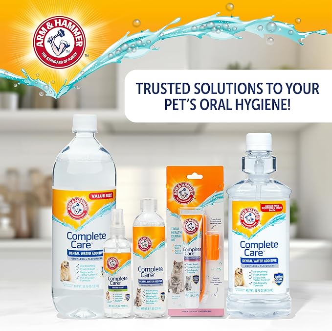 Arm & Hammer Complete Care Dental Water Additive for Dogs, Easy Portion Bottle 16 Fl Oz, Dog Breath Freshener, Odorless and Flavorless, Baking Soda Enhanced for Tartar Control