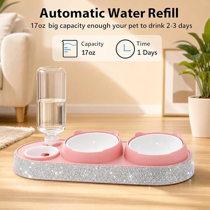 SlowVibes Bling Pink Cat Food and Water Bowl Set, Automatic Water Dispenser | 15-degree tilted double bowls with 17 oz automatic water dispenser for indoor cats, kittens, small medium dogs,Rhinestone