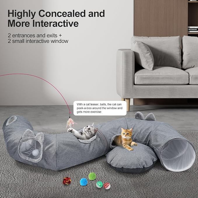 Linen Cat Tunnels with Central Cat Bed, Interactive Cat Toys Detachable Washable Soft Mat Large Indoor Play Tunnel Cave for Kittens and Small Animals
