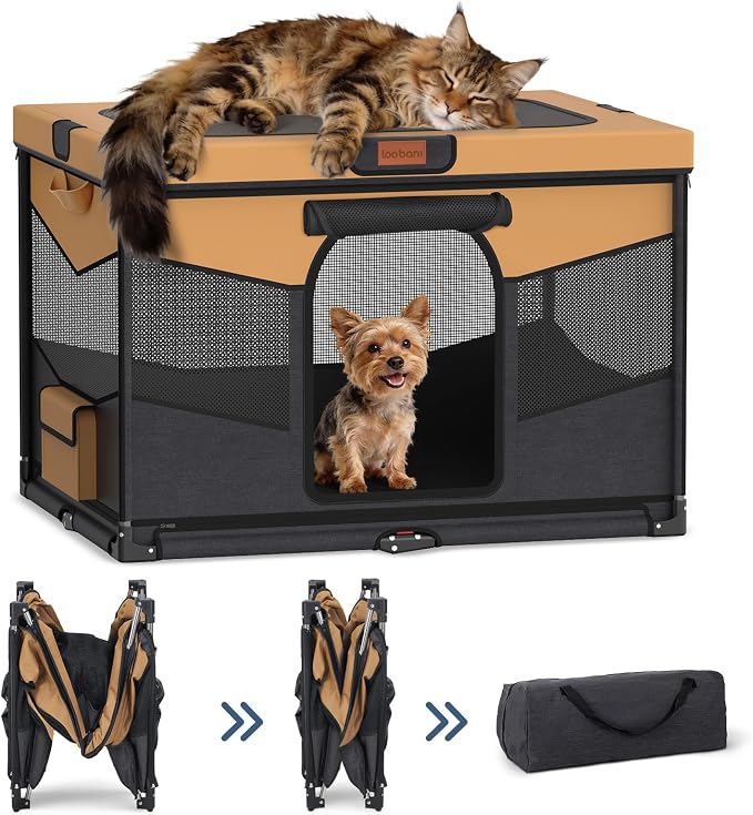 LOOBANI Dog Playpen for Small Dogs, 32"x24"x22", Foldable & Portable, Brown | Pet Playpen, with Removable Washable 690D Fabric Cover, Sturdy Frame Cat Playpen for Indoor, Dog Crate for Small Animals