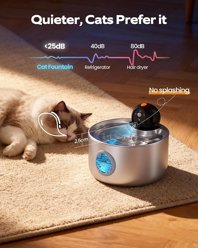 Wireless Cat Water Fountain Cordless: Battery Operated Cat Fountains | 88oz/2.6L Stainless Steel Pet Water Fountain for Drinking with Motion Sensor Rechargeable Automatic Water Dispenser Indoor