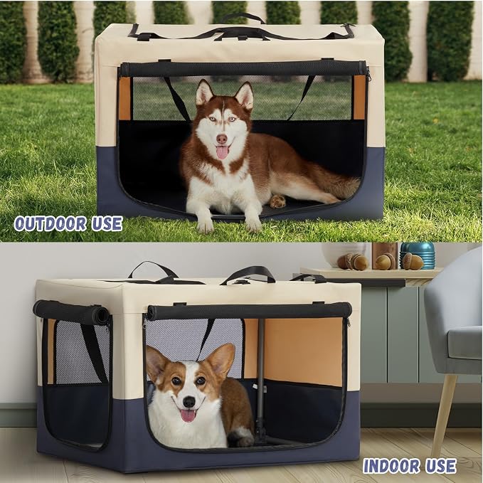 PETSFIT 36" Soft Portable Dog Crate – Patented Spiral Sturdy Frame, Collapsible Travel Kennel for Medium & Large Dogs, 3 Mesh Door, Lockable Zippers, Indoor & Car Use Navy Blue