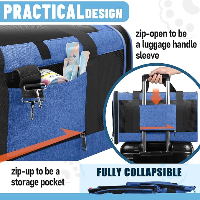 GAPZER Large Cat Carrier Soft, Collapsible Travel Pet Carry Bag, Small Dogs | Large Kitty Cat 20 lbs Maine Coon, Top Load Transport Small Puppy Dog Kennel, Yorkie Little Dog 10lbs, Sturdy Fabric Blue