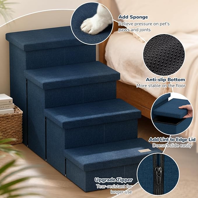 4-Step Wide Dog Stairs with Storage 23" H, Non-Slip Sturdy Pet Steps for High Bed Couch Window, Pet Stairs for Small/Medium/Large Old Dogs Cats Up to 220lbs, Cat Dog Steps for Car/SUV, Navy