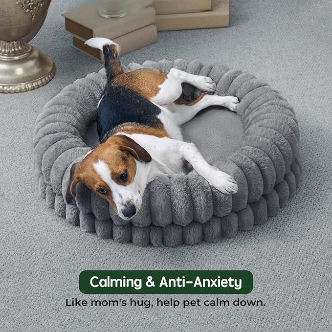 BALANCE Luxury Donut Dog Bed, 30 Inches Round Dog Bed Medium Size Dogs Washable, Orthopedic Calming Dogs Bed for Pets with Anti-Slip Bottom, Gray