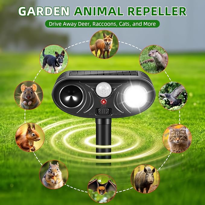 4 Pack Ultrasonic Solar Animal Repellent Outdoor,Sonic Fortress Pro Deer Repellent with Strobe Light, Waterproof Squirrel Cat Repellent Outdoor Rabbit Bird Raccoon Deterrent for Yard Garden Farm