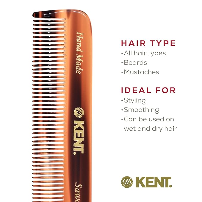 Kent FOT Fine Tooth Handmade Pocket Comb for Men, Women and Kids, Hair Comb Straightener for Everyday Grooming and Styling, Beard and Mustache, Saw Cut, Hand Polished, Made in England