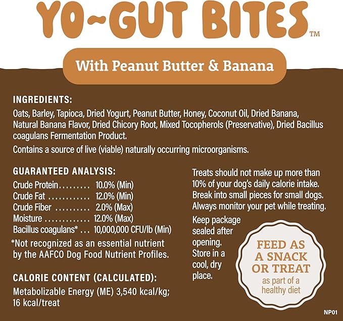 Natural Balance Yo-Gut Bites Crunchy Dog Treats with Real Peanut Butter & Banana, Greek Yogurt Drizzle, Probiotics for Digestive Support, 4.5oz Bag
