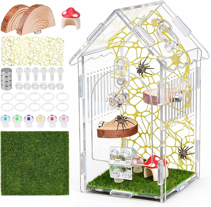 Hysagtek Jumping Spider Enclosure - Acrylic Arboreal Tarantula Enclosure Small Reptile Terrarium with Magnetic Door, Clear Jumping Spider Enclosure Accessories