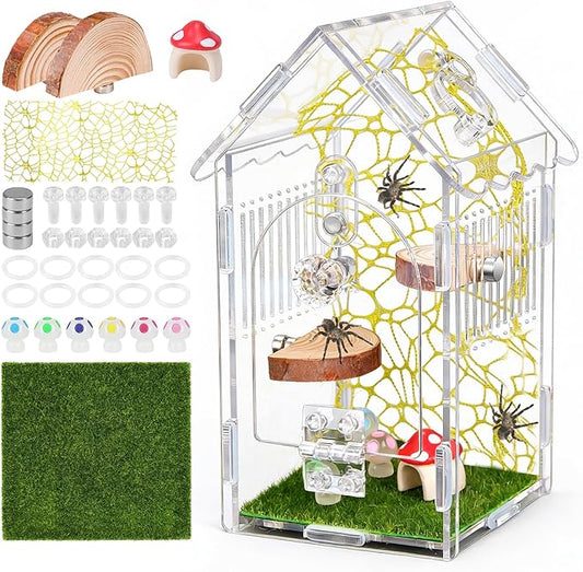 Hysagtek Jumping Spider Enclosure, Acrylic Arboreal Tarantula Enclosure Small Reptile Terrarium with Magnetic Door, Clear Jumping Spider Enclosure Accessories
