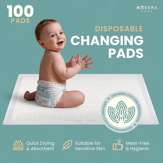 Organic Cotton Enhanced Disposable Changing Pad Liners | Large 18x24 Hypoallergenic Ultra Absorbent Waterproof Super Soft Quilted Underpads for Baby Diaper Table/Travel, Leak Proof Mess Free 100-Pack
