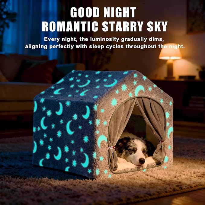 Indoor Dog House, Soft Warm Glow Dog Cave for Medium & Large Dogs | Warm Plush Dog Cave Bed with Sturdy Frame, Machine Washable, Non-slip, for Indoor Dogs and Cats