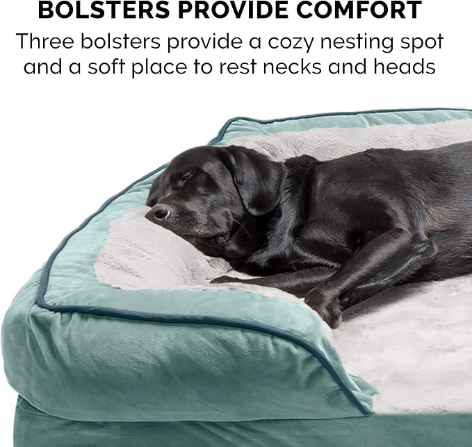 Furhaven Orthopedic Dog Bed for Medium/Small Dogs w/ Removable Bolsters & Washable Cover, For Dogs Up to 35 lbs - Plush & Velvet Waves Perfect Comfort Sofa - Celadon Green, Medium