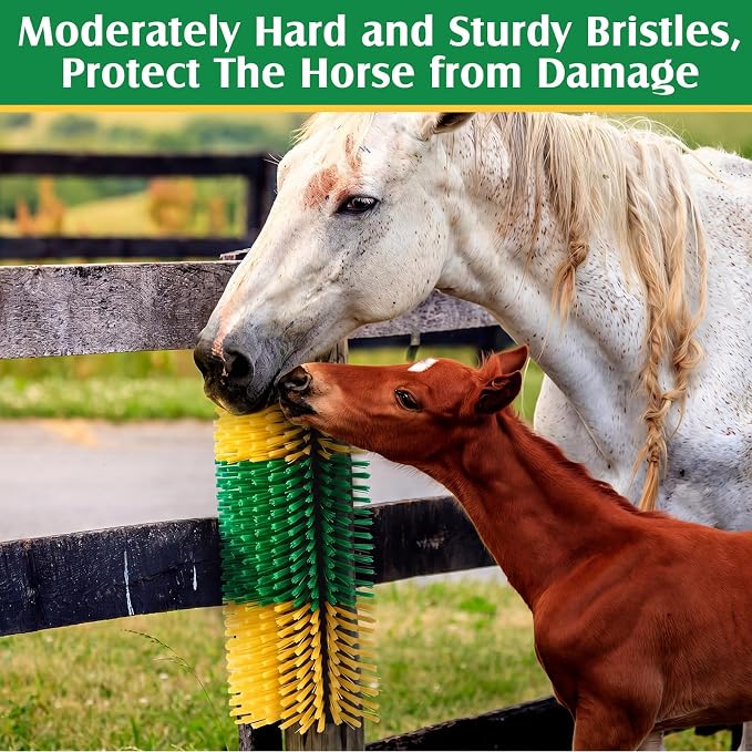 3 Pack Livestock Scratching Brush, Green and Yellow | Animal Scratcher, Itch Relief Grooming, Horse Goat Cow Scratcher, Fence Post Mounting, Durable Bristles, Farm Livestock Care