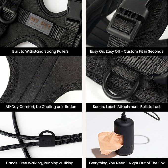 No Pull Dog Harness and Leash Set 3-in-1 Adjustable Anti Pull Dog Harness with Hands-Free Matching Leash,Poop Bag Holder,Easy Walk Dog Harness Extra Small Sized Dog(Black)
