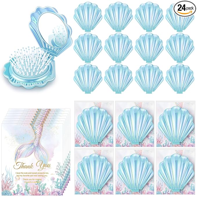 LemonRoad 24 Sets Mermaid Party Favors Shell Hair Brush with Mirror Card, Foldable Mini Travel Compact Hair Brush for Women Birthday, Bachelorette, Under The Sea, Beach Party Gifts(Blue)