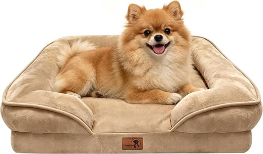 Spotted Play Orthopedic Dog Bed with Sides - Sofa Beds for Small Dogs, Supportive Foam Pet Couch Bed with Washable Removable Cover, Waterproof Lining and Non-Slip Bottom, Brown - S