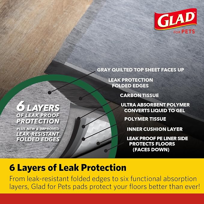 Glad for Pets Black Charcoal Puppy Pads, All-in-One | Puppy Potty Training Pads That ABSORB & NEUTRALIZE Urine Instantly | New & Improved Quality Puppy Pee Pads, 150 count - 2 Pack | Super-absorbent, disposable pads for potty training, crate training, ...