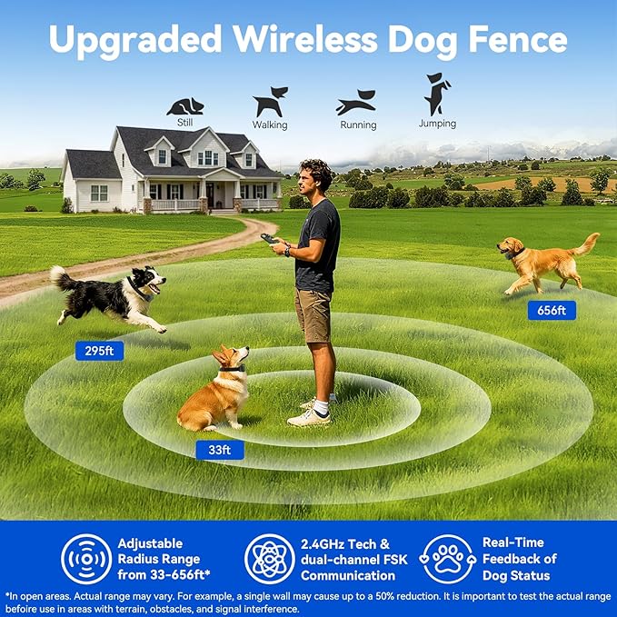 Wireless Dog Fence - Portable Electric Fence, Dog Training Collar, Perimeter Containment System with Adjustable Radius up to 656 ft in Open Areas, Waterproof Rechargeable (Olive Green - for 1 Dog)
