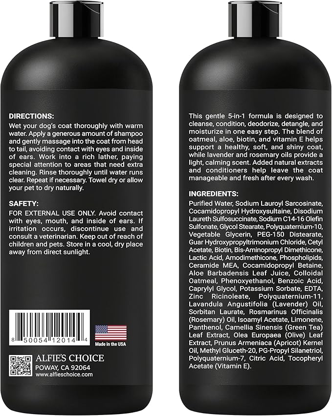 ALFIE'S CHOICE Oatmeal Dog Shampoo and Conditioner for Itchy Skin Relief | Puppy Shampoo for Sensitive Skin 5-in-1 | Cleans, Deodorizes & Detangles | Dog Wash for All Breeds | Made in USA | 16 fl oz